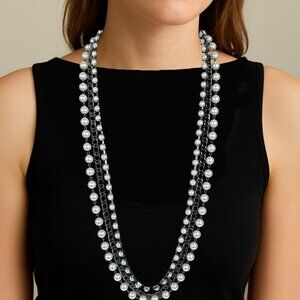 Triple Strand Statement Necklace with Faux Pearls & Gunmetal Chains